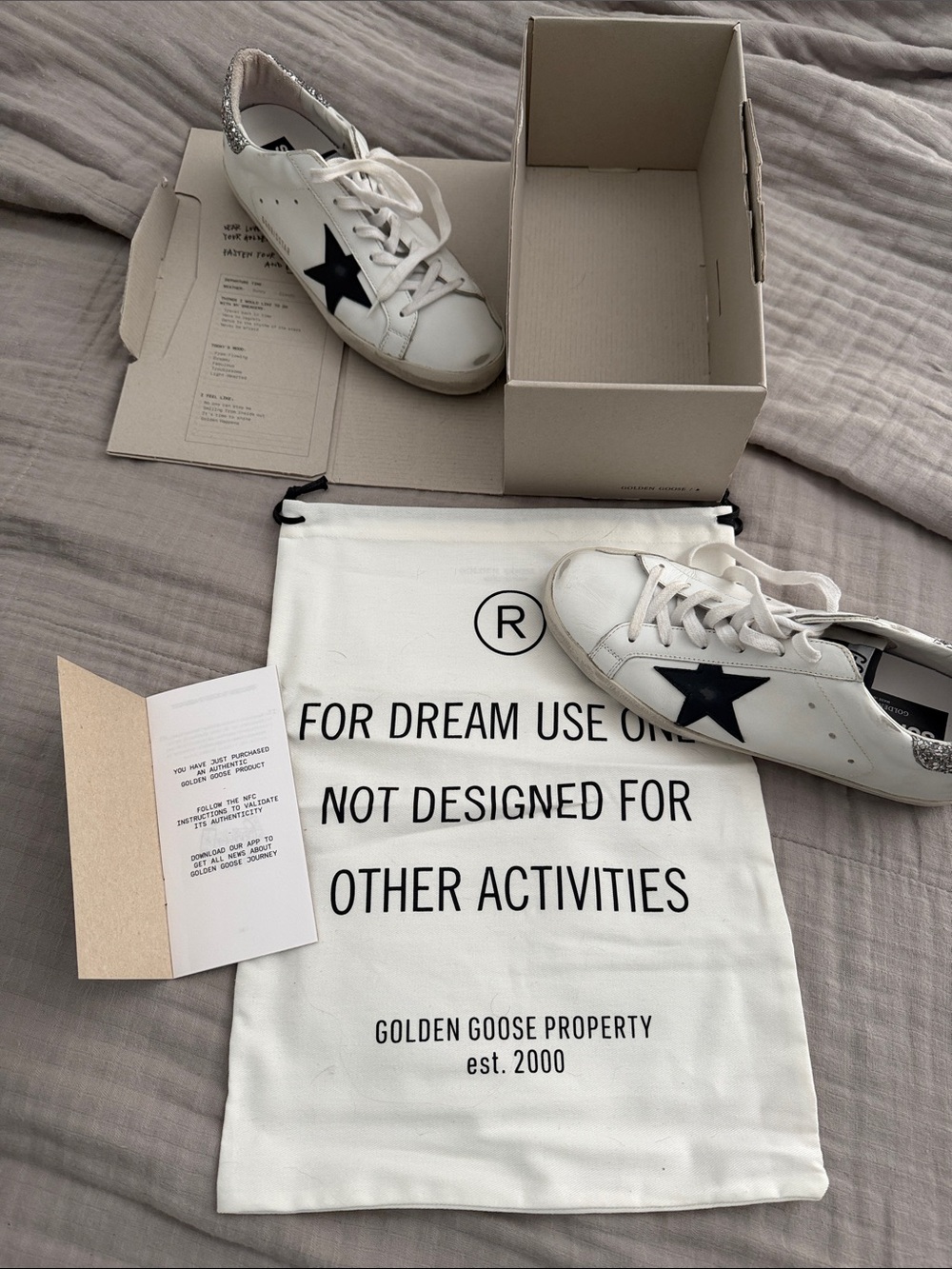 Golden Goose White Leather Sneakers with Black Star and Silver Glitter Heel